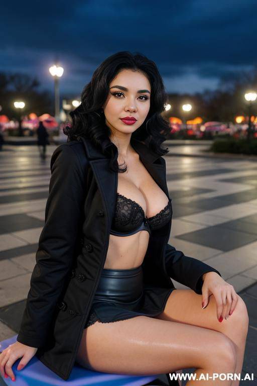 latina, sitting down, bra, short-skirt, coat, big (((silicone))) tits, medium wavy hair, outdoor venue, nighttime - #main