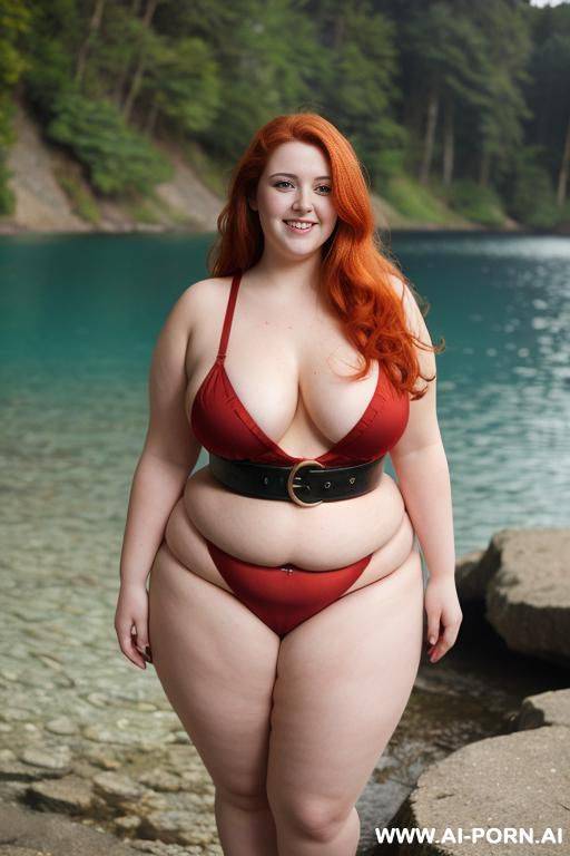 half body photo shot, about at blue lake, obese bbw curvy with love handless and tummy, she is 20 years old, wearing a sexy and hot ((red)) gartert belt lingeries. she is obese, standing with legs slightly apart. - #main