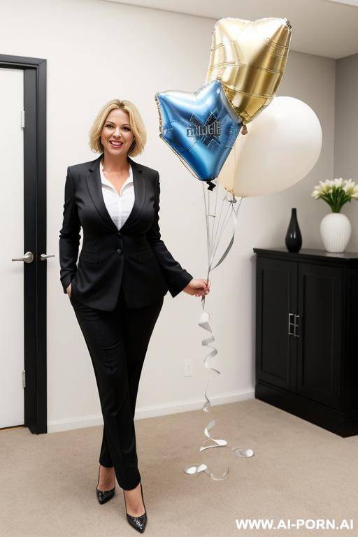 mature woman, slightly chubby, full body, standing, short blonde hair, big smile, wearing a black suit, white shirt and tie, dress pants, party room with balloons - #main