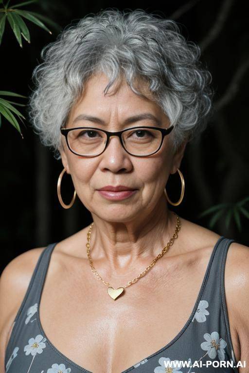 5-year-old grandmother (with visible signs of age), with an asian appearance, wearing glasses, hoop earrings, a gold chain with a heart-shaped pendant around her neck, sagging breasts, dark eyes, - #main