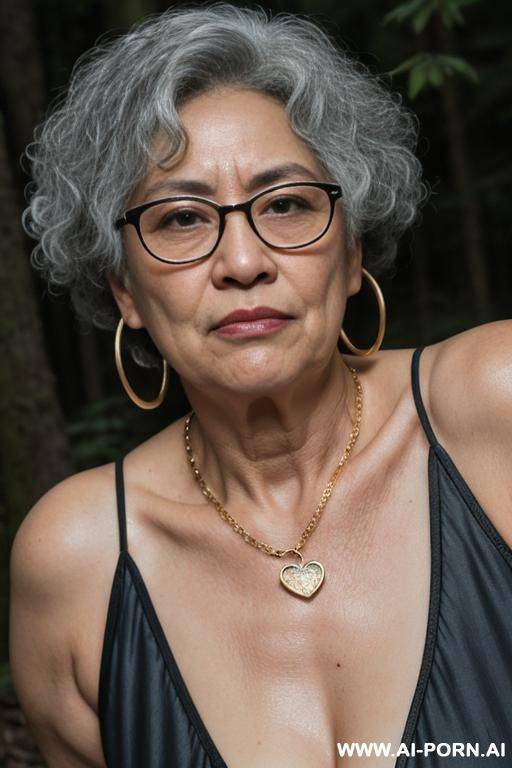 5-year-old grandmother (with visible signs of age), with an oriental appearance, wearing glasses, hoop earrings, a gold chain with a heart-shaped pendant around her neck, sagging breasts, black eyes, - #main