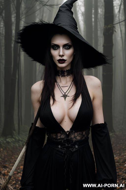 ultrarealistic, sexy lanky brunette standing in a forest at midnight, bleached witch outfit, a broom, hostile face, messy hair, a witch hat on head, a crow on shoulder, black nail polish, a black spider necklace, black lipstick, show boobs - #main