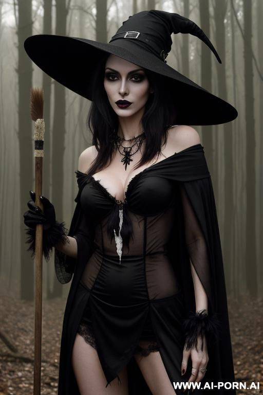 ultrarealistic, sexy lanky brunette standing in a forest at midnight, bleached witch outfit, a broom, hostile face, messy hair, a witch hat on head, a crow on shoulder, black nail polish, a black spider necklace, black lipstick, show nipples - #main
