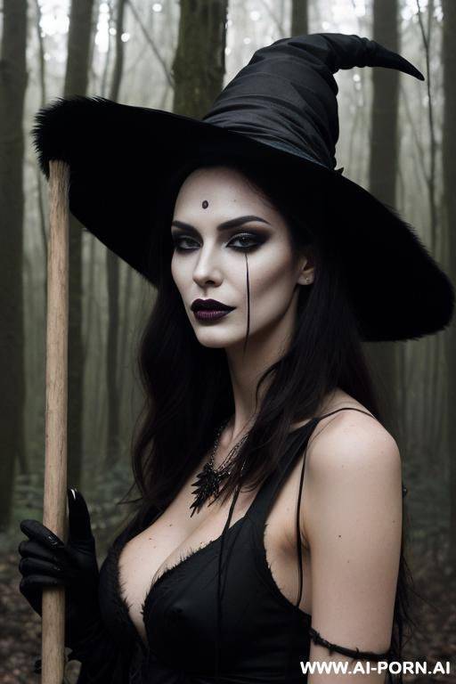 ultrarealistic, sexy lanky brunette standing in a forest at midnight, bleached witch outfit, a broom, hostile face, messy hair, livid skin, a witch hat on head, a crow on shoulder, black nail polish, a black spider necklace, black lipstick, show boobs - #main