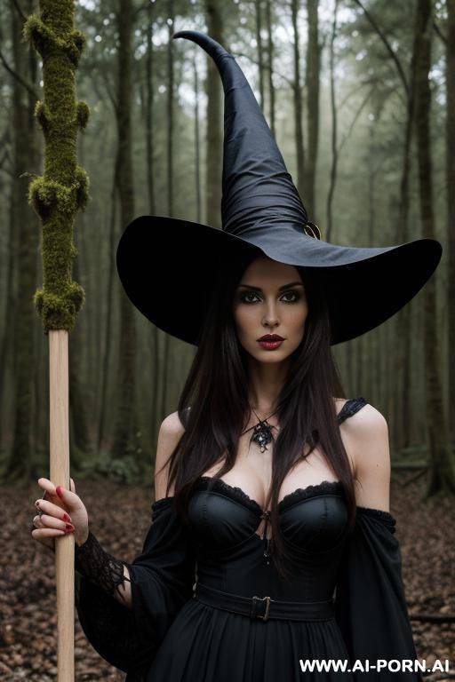 ultrarealistic, sexy lanky brunette standing in a forest at midnight, witch outfit, a broom, hostile face, messy hair, a witch hat on head, a crow on shoulder - #main
