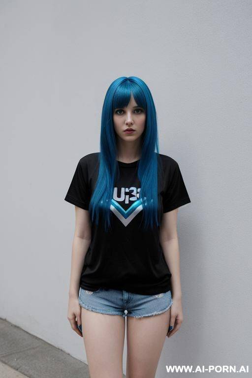 electric blue hair, no make up, black graphic t shirt, shorts, black t shirt - #main