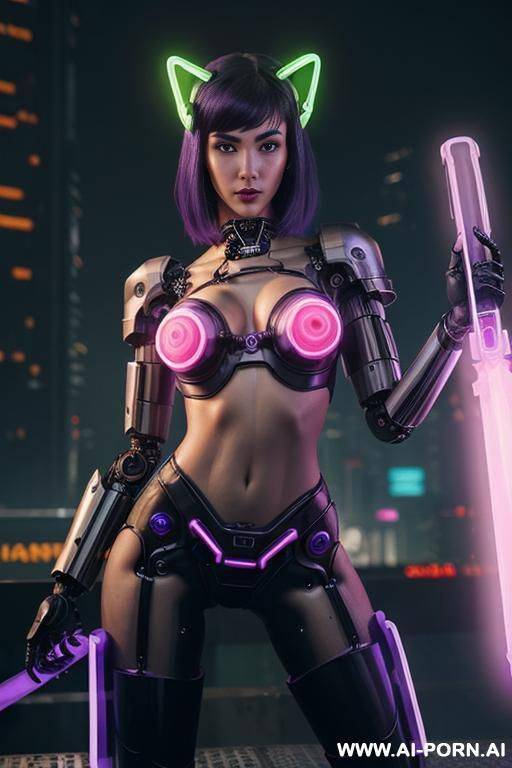 beautiful realistic woman ((woman fully robotic mechanic body)), (((holding electric and luminous neon violet sword))), ultra detailed, finely detail, highly detailed face, highly detailed eyes, highly - #main