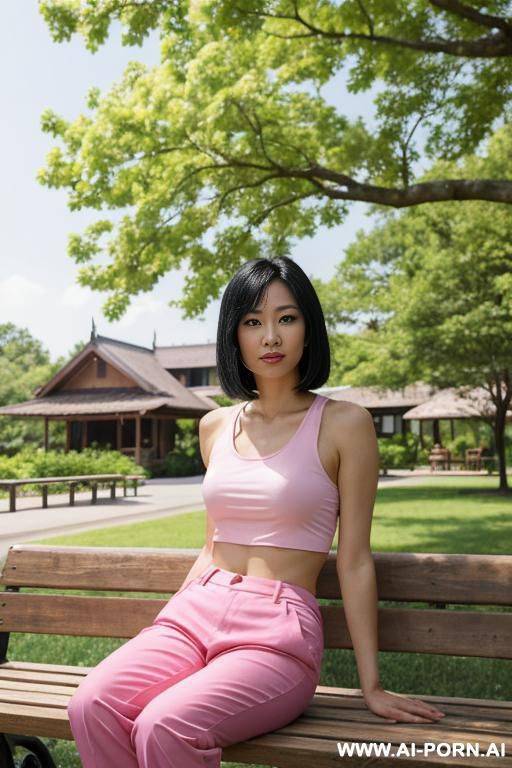 a asian woman with straight, shoulder-length black hair wears a pink tank top and matching pink pants. she sits on a wooden bench eating ice cream in a park, with a house and trees in - #main
