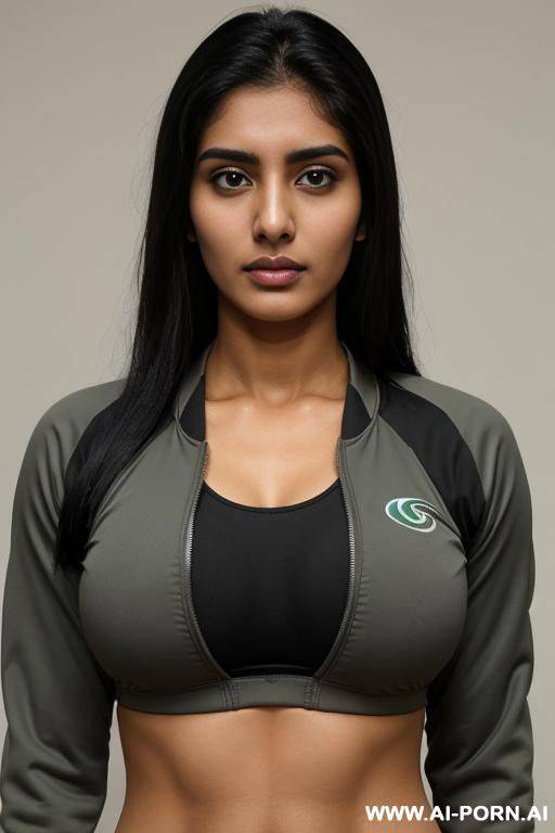 pakistani, tan, huge perfect oval tits, dri fit jacket, looking at viewer, drowsy facial expression - #main