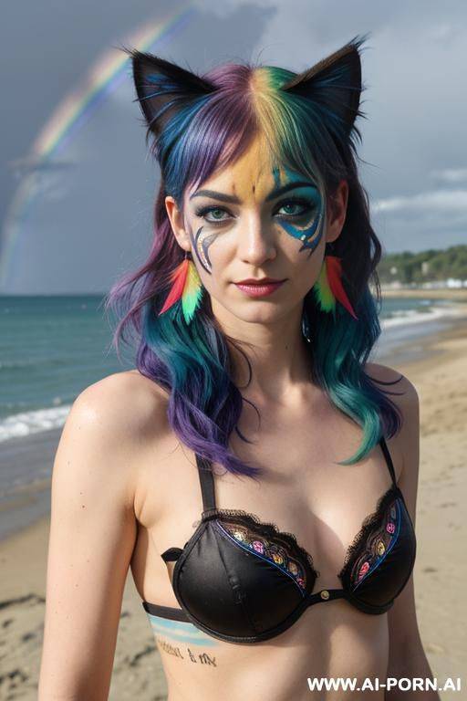 pretty face, ((face painting)), ((rainbow hair)), ((wind)), ((cat ears)), ((feather earrings)), neckless, full view, standing, sensual - #main