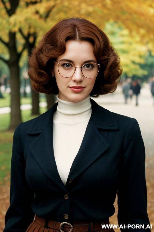 180s style, 181, vintage, retro, cutie babe face, short, turtleneck shirt, office jacket, skirt. curly hair. glasses. nerd. - #main