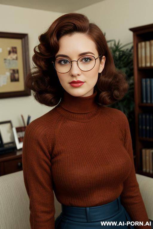 180s style, 181, vintage, retro, cutie babe face, short, turtleneck sweater, office jacket, skirt. curly hair. glasses. nerd. - #main