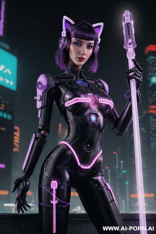 beautiful realistic woman ((woman fully robotic mechanic body)), (((holding electric and luminous neon violet sword))), ultra detailed, finely detail, highly detailed face, highly detailed eyes, highly - #main
