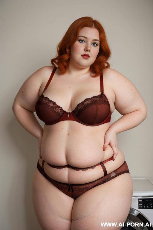 half-length photo, ((half body photo shot close up)). as a set in the laundry area, a (((very big obese))) fat chubby fat thick and bbw redhead british, ((she is washing clothes)). she has - #main