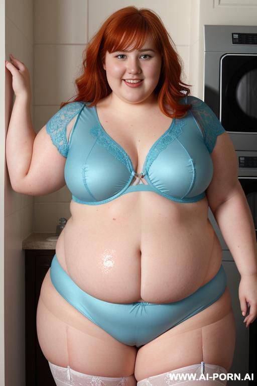 half-length photo, as a setting in the laundry area, a fat chubby ((very obese with hips and hot)) fat thick and bbw redhead british, she is washing clothes and is soaked in foamy water. - #main