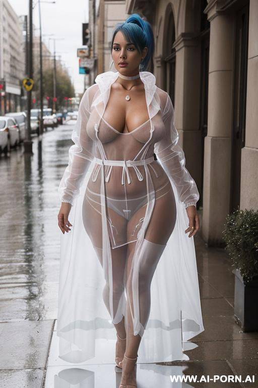 (((high quality ultra-realistic))), ((beautiful sex bomb)), ((see-through pure nudity transparent gown)), ((see-through plastic hoodie)), ((gigantic saggy long hanging boobs)), ((droopy heavy boobs)), ((saggy - #main
