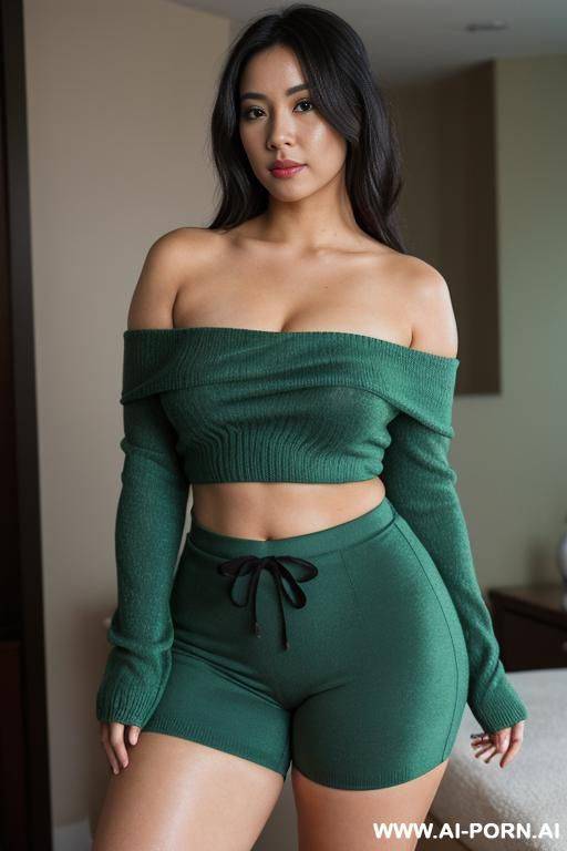 mixed black and asian wonan large breasts, thicc thighs and hips, wearing a green off the shoulder midriff sweater, skintight aqua yoga short, extreme cameltoe - #main