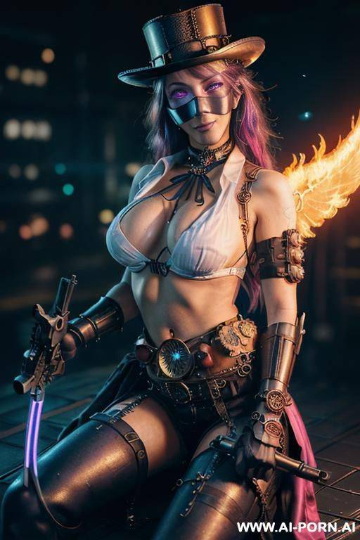 ((((masterpiece)))), (((woman sitting))), (glowing red eyes), (long blue purple and white hair with a flower), ((crop top white collar shirt with red tie)), ((((flaming angel wing)))), ((navy formal - #main