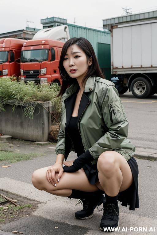 korean mature woman, squatting in overgrowth behind market, near trucks, outdoorjacket, skirt, lifting skirt, hairy pussy - #main