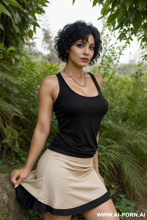 egyptian woman, in her 30s skirt, tanktop, black hair, pixie haircut, curly hair, edgy chin, standing in nature, hairy pussy,, view from beneath - #main