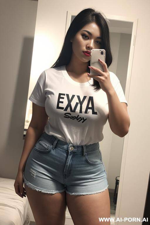 20 year old woman, very attractive curvy woman, body, white asian skin, wearing shorts and t-shirt, mirror selfie - #main
