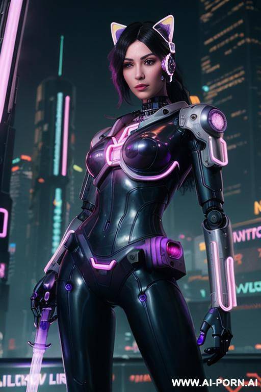 beautiful realistic woman ((woman fully robotic mechanic body)), (((holding electric and luminous neon violet sword))), ultra detailed, finely detail, highly detailed face, highly detailed eyes, highly - #main
