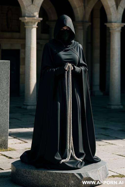 a hooded figure stands on a stone platform, holding a rope that ends around the neck of a kneeling woman statue. - #main