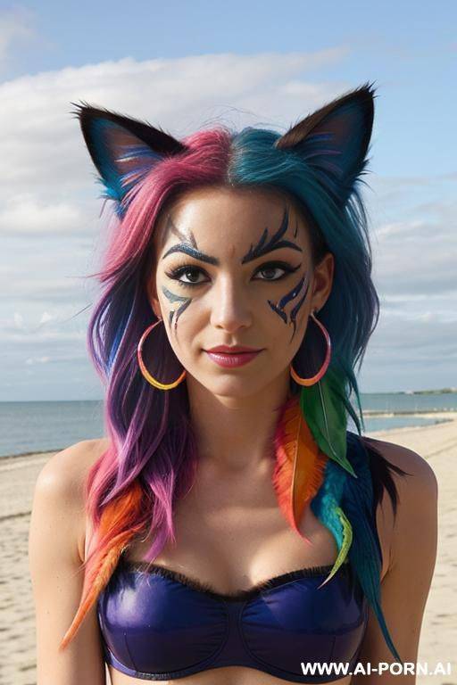 pretty face, ((face painting)), ((rainbow hair)), ((wind)), ((cat ears)), ((feather earrings)), neckless, full view, standing, sensual - #main