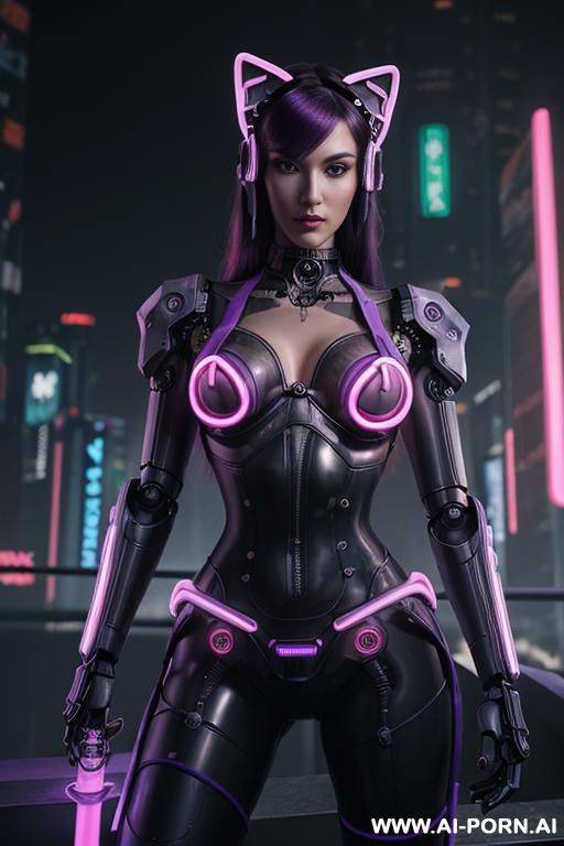 beautiful realistic woman ((woman fully robotic mechanic body)), (((holding electric and luminous neon violet sword))), ultra detailed, finely detail, highly detailed face, highly detailed eyes, highly - #main