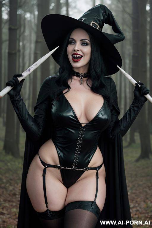 voluptuous vampire goth woman, white hair, leather strap-on harness, large erect red dildo, , open mouth revealing dripping fangs, lube dripping from dildo, full view, standing, hands on hips, topless, pink pointy nipples. - #main