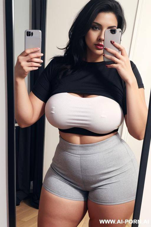 curvy woman, has big breasts, wearing tight t-shirt and tight shorts, mirror selfie with cellphone covering face - #main