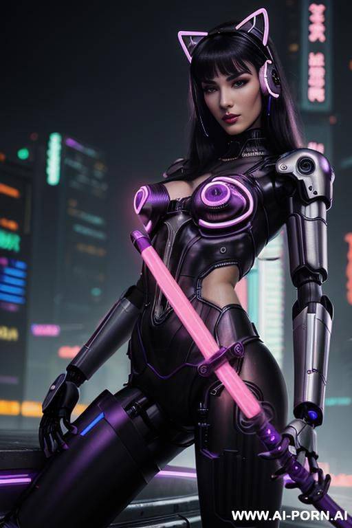 beautiful realistic woman ((woman fully robotic mechanic body)), (((holding electric and luminous neon violet sword))), ultra detailed, finely detail, highly detailed face, highly detailed eyes, highly - #main
