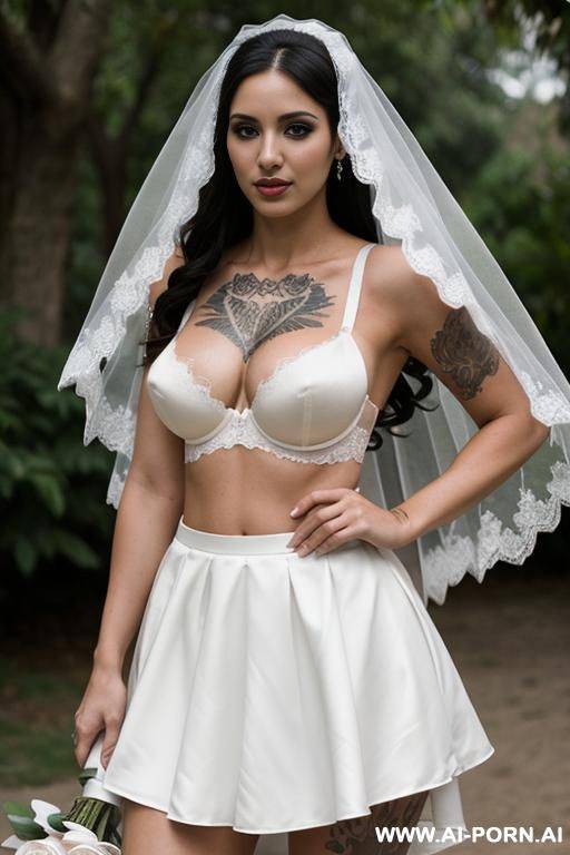 latina, bra, short skirt, big ((fake)) tits, tattoos, veil, outdoor venue, bride, all white, - #main