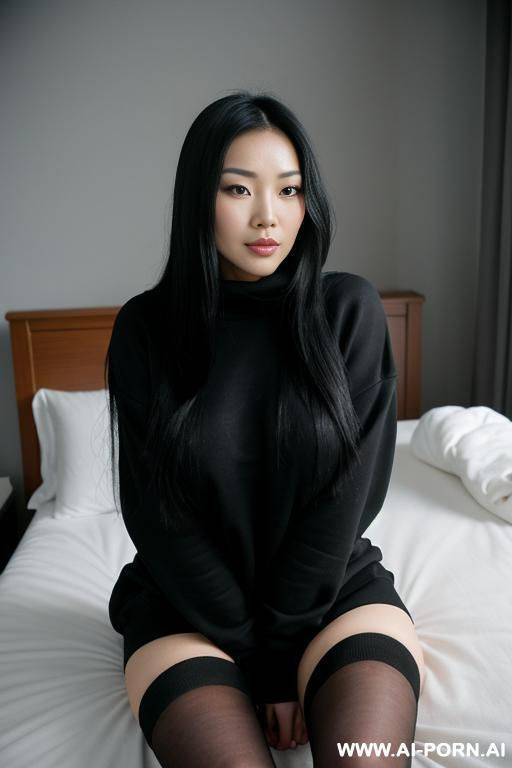 beautiful naked asian woman in her 20s, with long black hair, wearing black knee-high socks and a black oversized sweatshirt, sitting on the bed, adjusting her hair, spreading her legs, large breasts, - #main