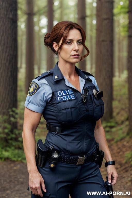 beautiful milf, cougar, strong arms, massive body, wide hips, strong makeup, police uniform, full body shot - #main