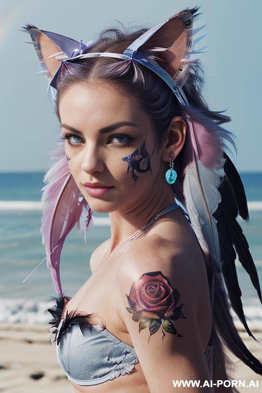 face, ((sexy)), beautiful, ((face painting)), ((bikini as seashell)), ((tattoo roses)), ((eyes shw)), ((moonlight)), ((angel wings)), ((rainbow hair)), ((one rose in hair) ((long bu hair)), ((wind)), (( - #main