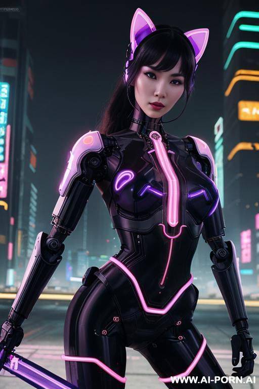 beautiful realistic woman ((woman fully robotic mechanic body)), (((holding electric and luminous neon violet sword))), ultra detailed, finely detail, highly detailed face, highly detailed eyes, highly - #main