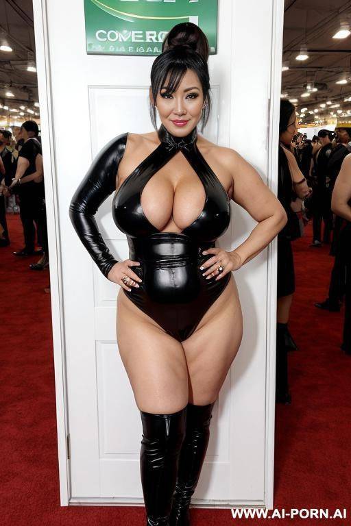 classy housewife, gorgeous face, heavy makeup up, milf, huge saggy breasts, full body view, (keep face), (keep body), at comic con, wearing anime ninja costume, - #main