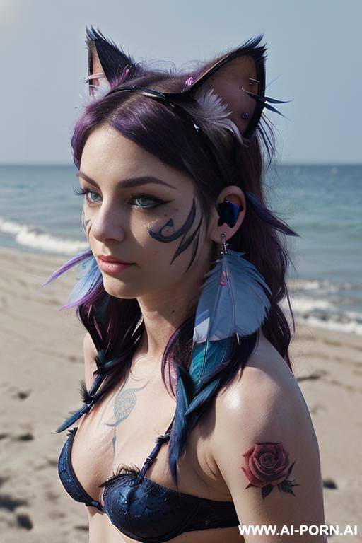 face, ((sexy)), beautiful, ((face painting)), ((bikini as seashell)), ((tattoo roses)), ((moon)), ((night)), ((eyes shw)), ((angel wings)), ((darkness)), ((rainbow hair)), ((one rose in hair) ((long bu - #main