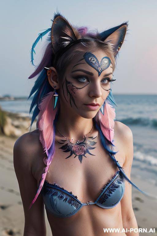 face, ((sexy)), beautiful, ((face painting)), ((bikini as seashell)), ((tattoo roses)), ((moon)), ((night)), ((eyes shw)), ((angel wings)), ((rainbow hair)), ((one rose in hair) ((long bu hair)), ((wind)), - #main