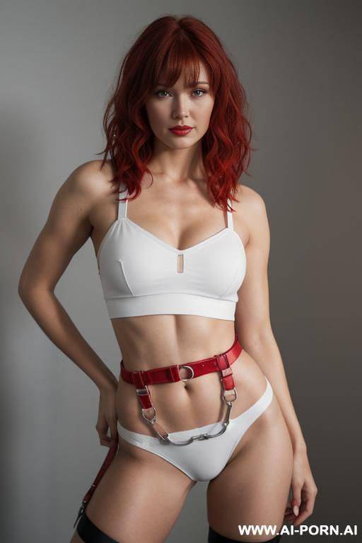 a medium shot on a plain light gray background features a fair-skinned female model with short, wavy red hair and bangs, estimated to be in her 20s or 30s. she is wearing a white - #main