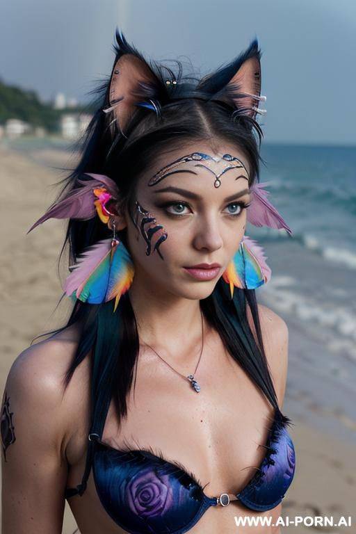 face, ((sexy)), beautiful, ((face painting)), ((bikini as seashell)), ((tattoo roses)), ((moon)), ((night)), ((eyes shw)), ((angel wings)), ((darkness)), ((dark)), ((rainbow hair)), ((one rose in hair) - #main