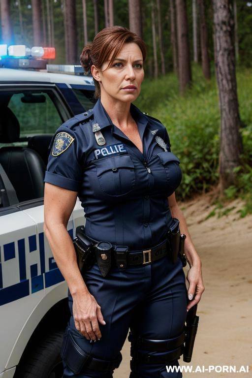 beautiful milf, cougar, strong arms, massive body, wide hips, strong makeup, police uniform, full body shot - #main