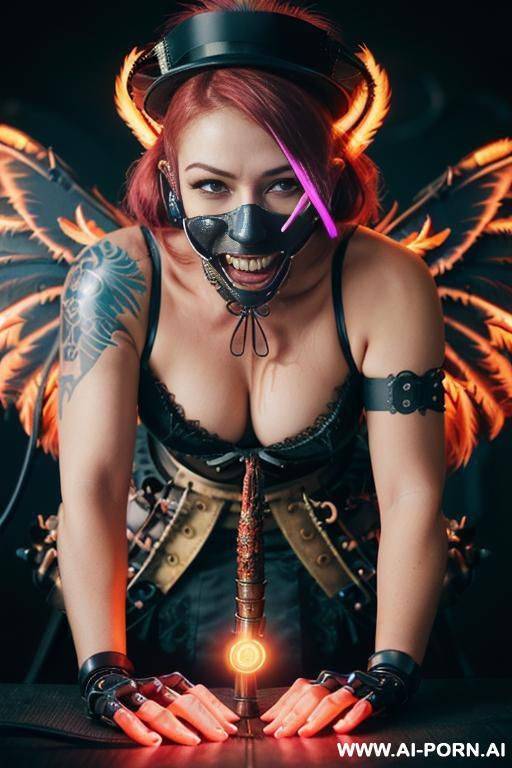 ((((masterpiece)))), (((woman sitting))), (glowing red eyes), (long blue purple and white hair with a flower), ((crop top white collar shirt with red tie)), ((((flaming angel wing)))), ((navy formal - #main