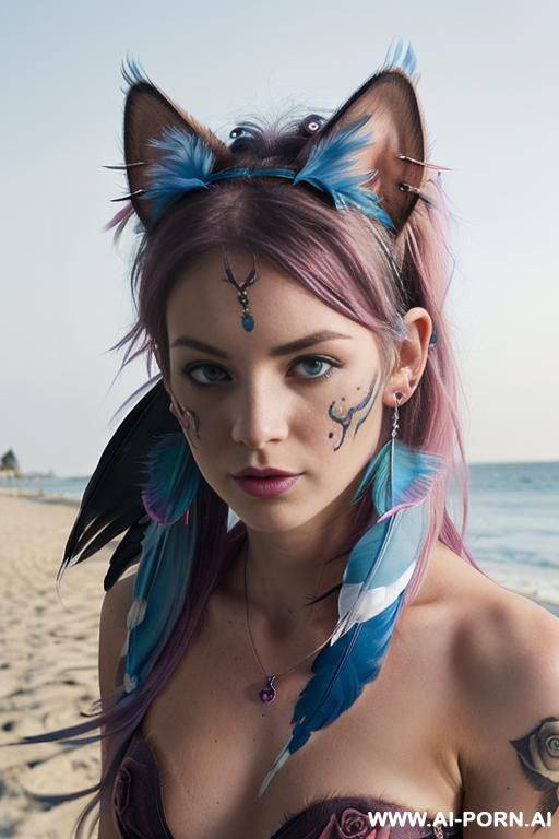 face, ((sexy)), beautiful, ((face painting)), ((bikini as seashell)), ((tattoo roses)), ((eyes shw)), ((night)), ((angel wings)), ((rainbow hair)), ((one rose in hair) ((long bu hair)), ((wind)), (( cat - #main