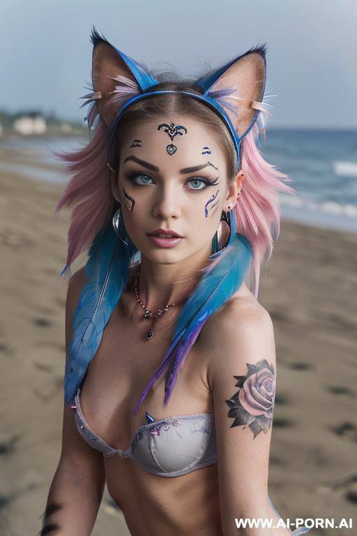 face, ((sexy)), beautiful, ((face painting)), ((bikini as seashell)), ((tattoo roses)), ((eyes shw)), ((moonlight)), ((angel wings)), ((rainbow hair)), ((one rose in hair) ((long bu hair)), ((wind)), (( - #main