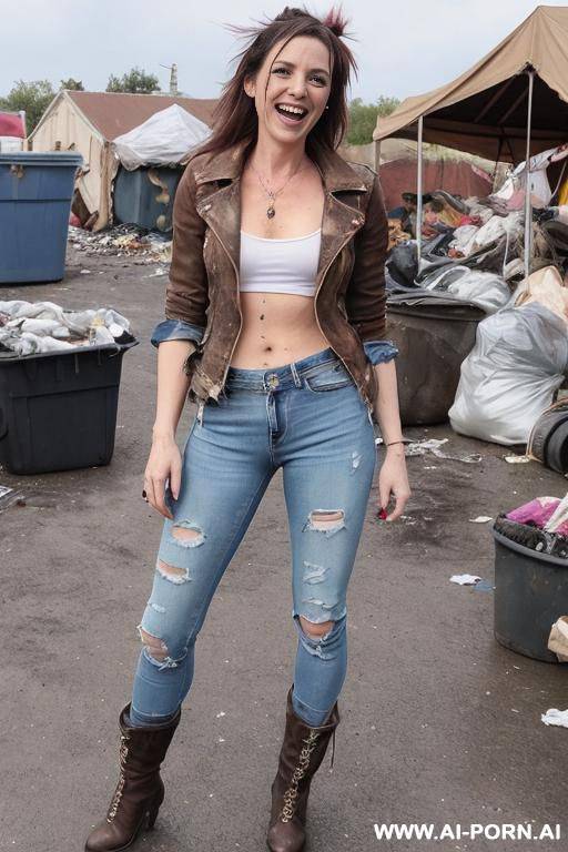 a woman with brown hair is wearing worn and bleached out, ripped and light blue pants and an old jeans jacket. she has long, messy brown hair. there ist lot of trash around. she looks punky - #main