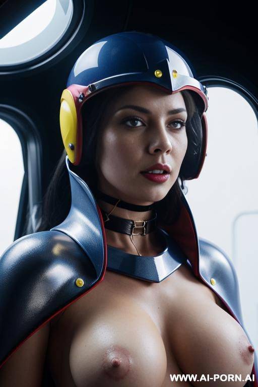 helmet, choker fluo, super metal red blue yellow, busty perky round boobs, totally naked - #main