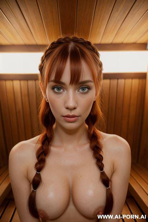 looking at viewer, totally naked, aroused, naked breasts, naked pussy, show pussy, braid, parted bangs, red hair, brown hair, eye makeup, o ring earrings - #main