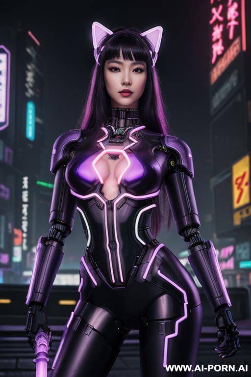 beautiful realistic woman ((woman fully robotic mechanic body)), (((holding electric and luminous neon violet sword))), ultra detailed, finely detail, highly detailed face, highly detailed eyes, highly - #main